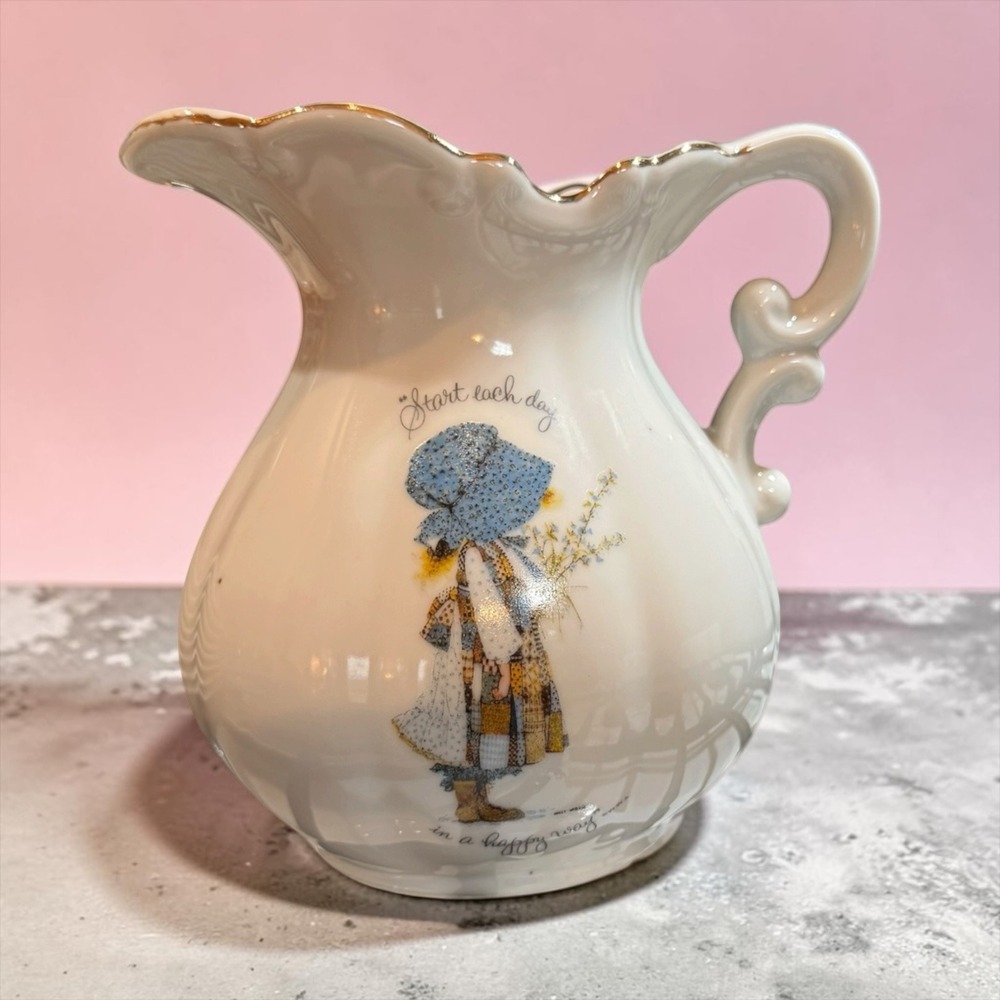 Vintage Holly Hobbie Style Ceramic Pitcher Start Each Day In A Happy Way Jug